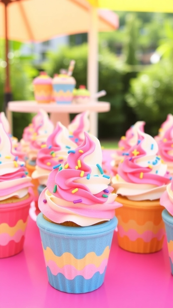 Ice cream cone cupcakes with colorful frosting and sprinkles on a bright table.